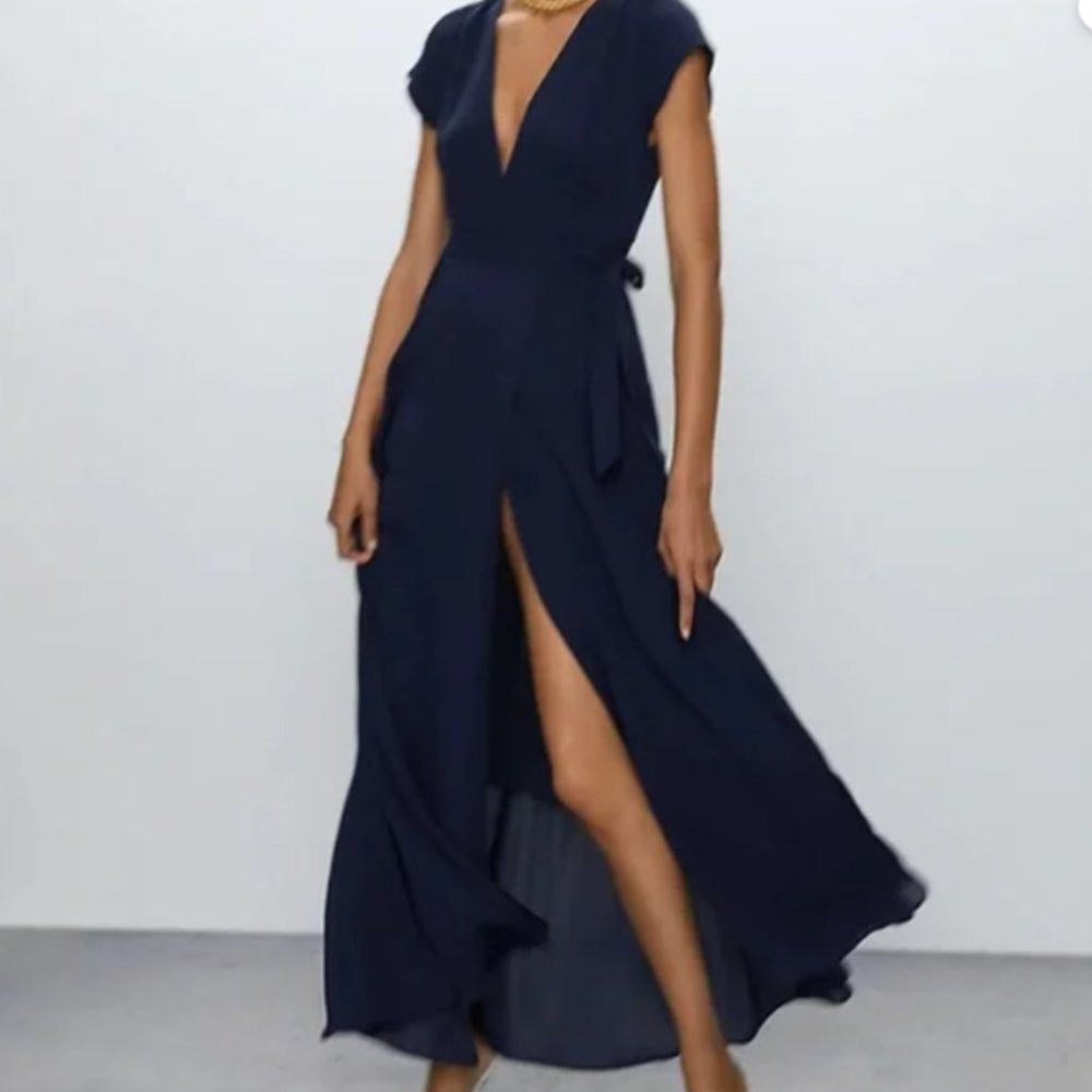 Babaton Aritiza Lexia Dress Maxi V-Neck Wrap Dress Navy Blue Size Small